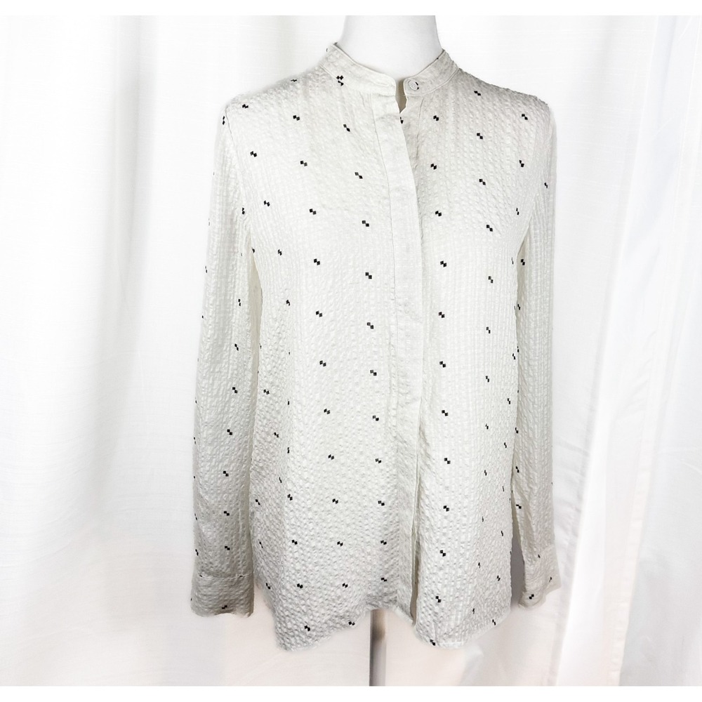 Chelsea and Walker Silk Blouse Womens 4 White Black Print Lace Back Button Shirt